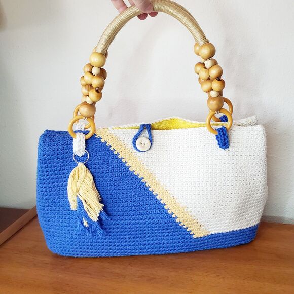 Handmade Handbags - Handmade Knit Crochet Purse Hand Bag Summer Blue White Casual Beach Tiki